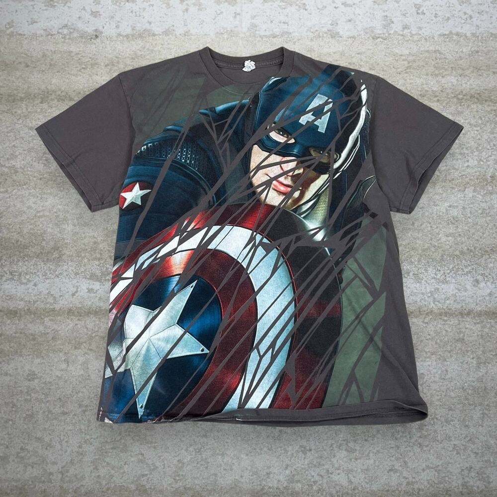 Vintage Y2K Captain America Shirt Mens L Grey Cotton Short Sleeve Marvel